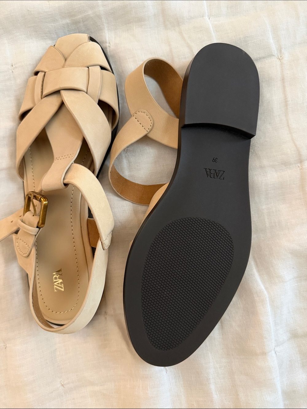 ZARA Women's Nude Braided Slingback Sandals with Gold Buckle - Picture 2 of 2